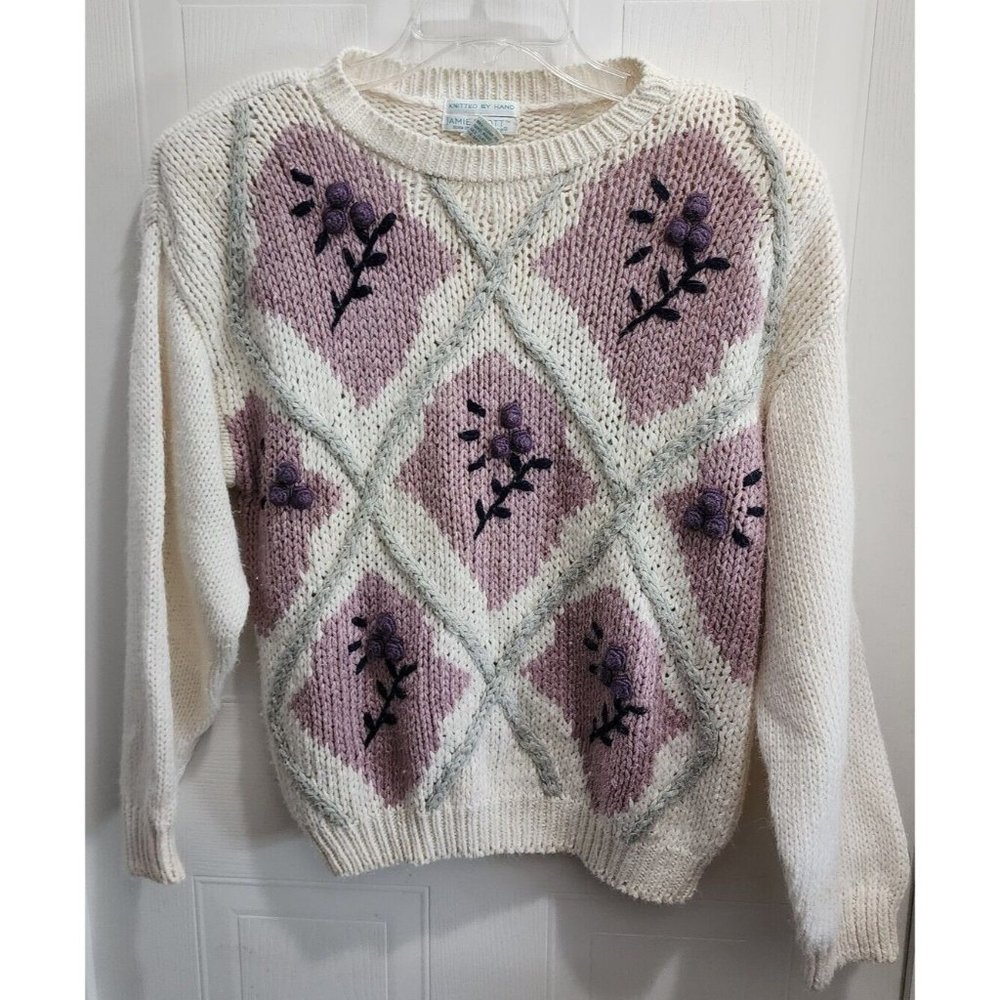Vintage Jamie Scott Women's Knitted by Hand Sweater 3D Knit Flowers Size Large